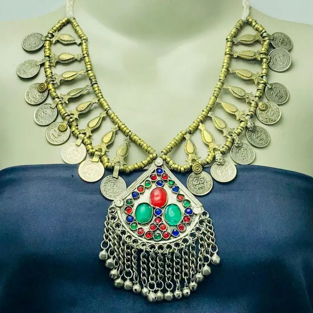Handmade Afghan Tribal Necklace with Vintage Coins and Colorful Stones